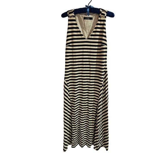 lauren ralph lauren sleeveless Maxi Dress 8 Medium Large navy stripe shelf bra - Picture 1 of 10